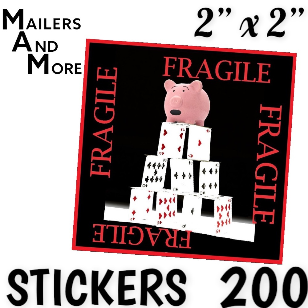 200 FRAGILE Stickers, Pig & Cards, High Gloss, Square, PRICE IS FIRM